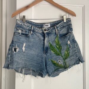 Hand-painted leaves, PAIGE Noella Blue Jean Shorts - UPCYCLED
